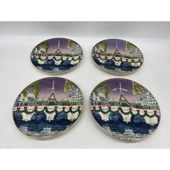 Anthropologie Holiday In The City Stoneware Plate Set of 4 Dessert Plates Paris - Picture 1 of 12
